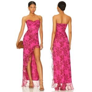 Amanda Uprichard Eden Strapless Gown Ruffle High-Low Hem Ella Print Pink Size S